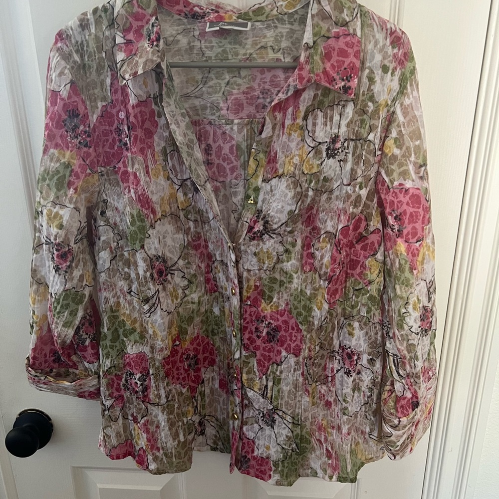 JM Collection Sheer Floral Blouse - Pink, Green, Tan